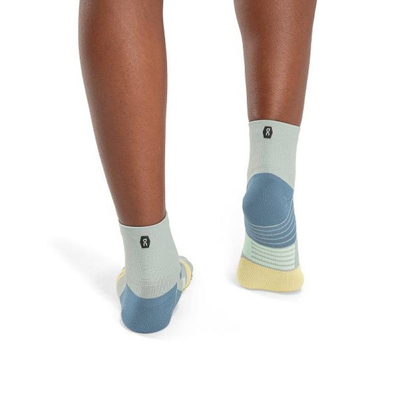 Blue / Green Women's On Running Performance Mid Socks | 723854_PH